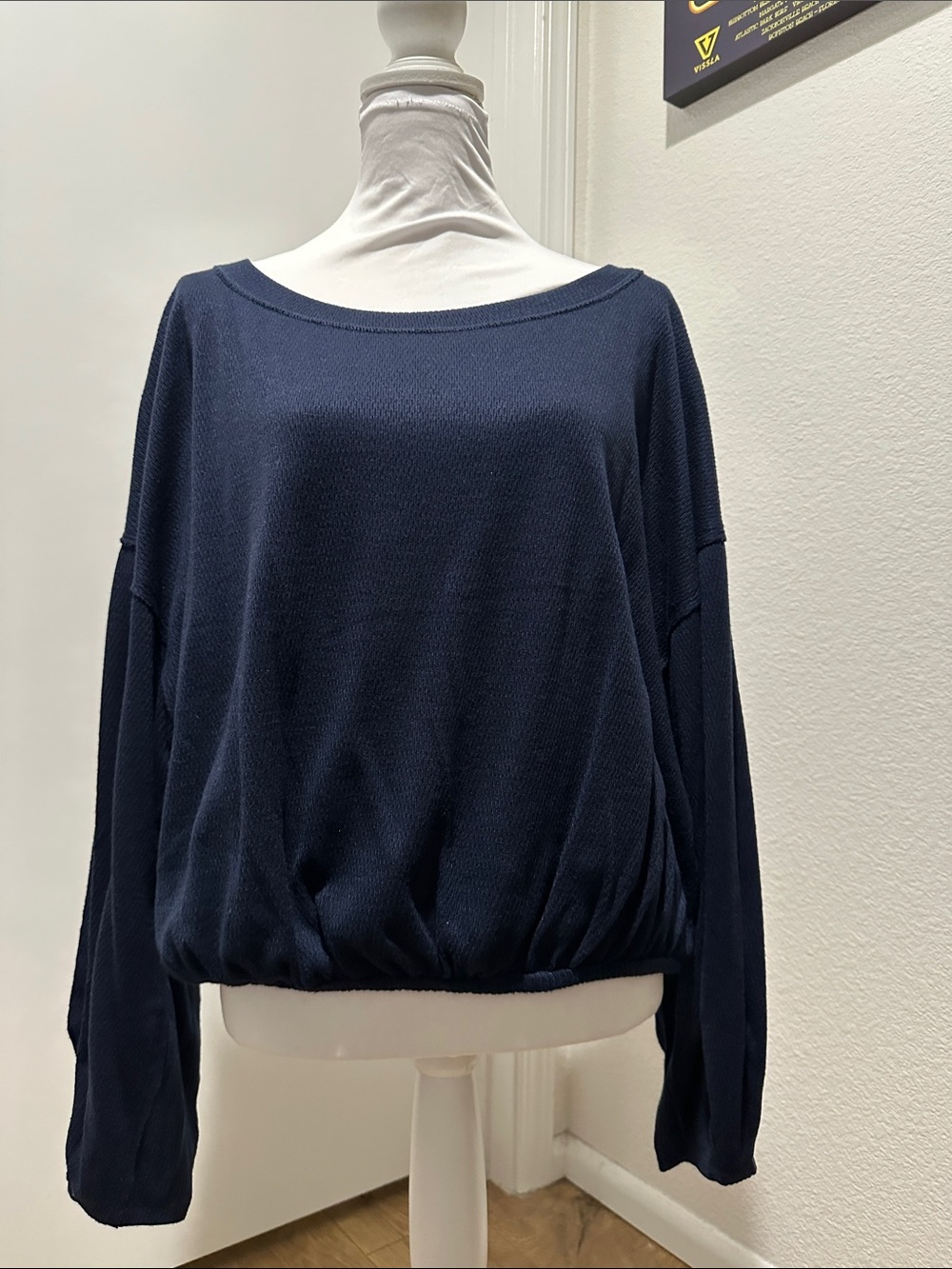 Free People Navy Boatneck Long Sleeve Pullover
